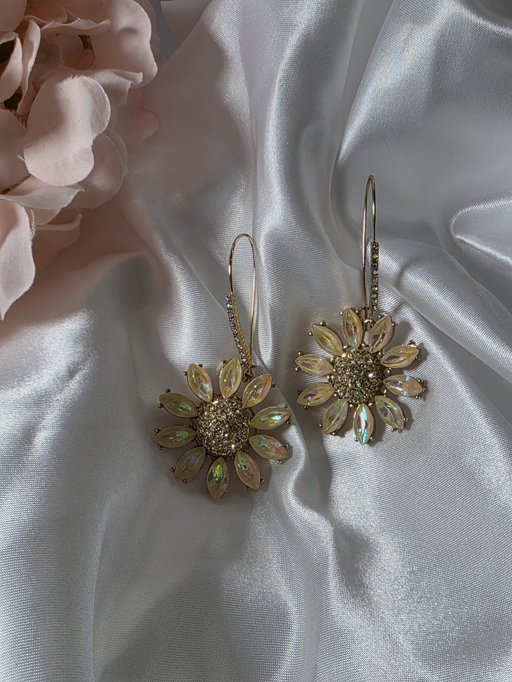 Betsey Johnson - Gold Floral Iridescent Crystal Drop Earrings